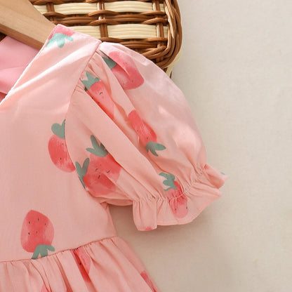 Strawberry Print Baby Girl Flower Backless Dress