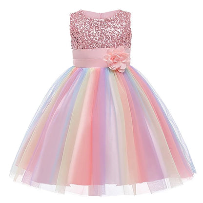 Girls Sleeveless Sequins Flower Rainbow Design Summer Dresses childrensterritory