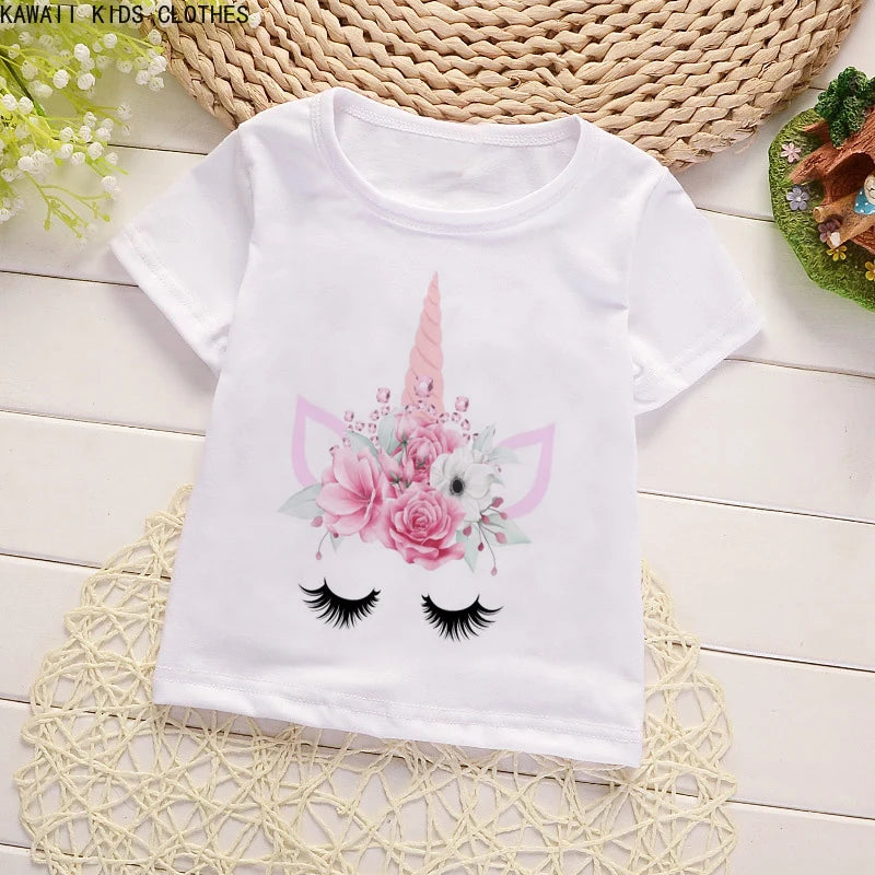 Unicorn Floral Cartoon Printed Girls Summer Tees childrensterritory