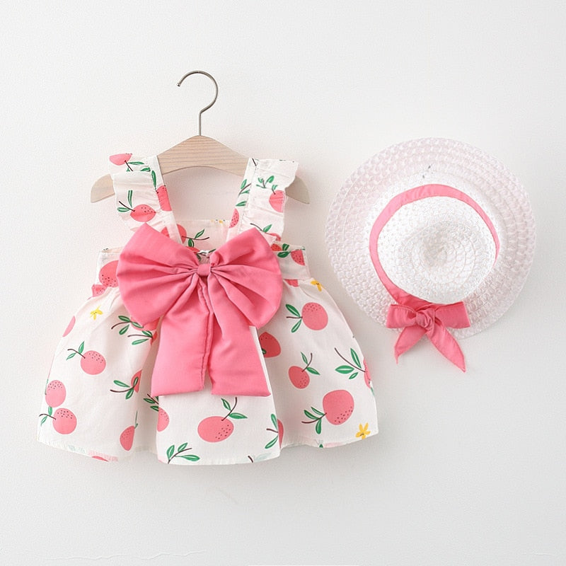 Baby Girl Floral Big Bow Designed Summer Dresses + Sunhat childrensterritory