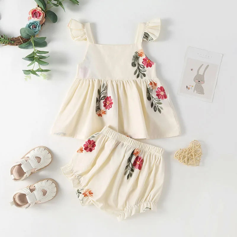 Baby Girl Floral Puff Sleeve Embroidered Bodysuit Sets