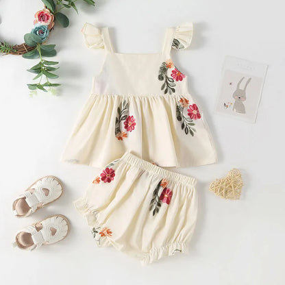 Baby Girl Floral Puff Sleeve Embroidered Bodysuit Sets
