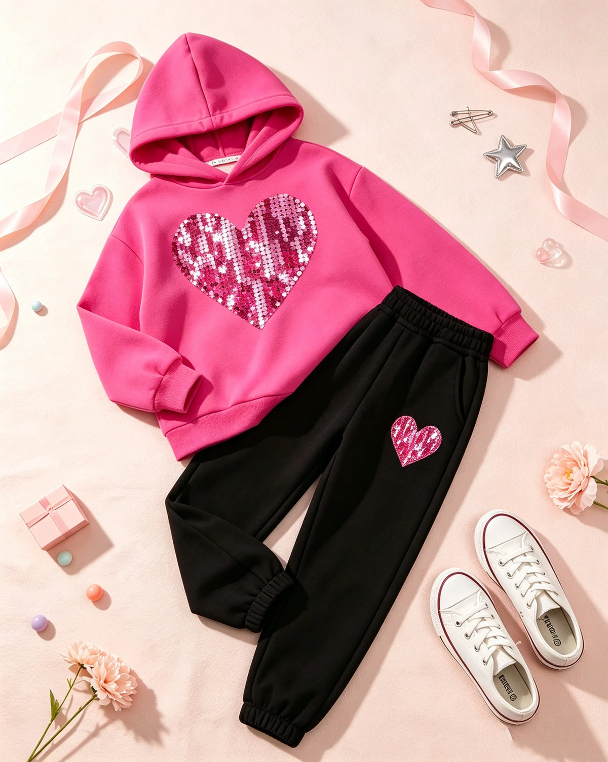 Kids Girls Heart Print Pink Cotton Hoodie and Legging Sets for Autumn