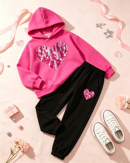 Kids Girls Heart Print Pink Cotton Hoodie and Legging Sets for Autumn