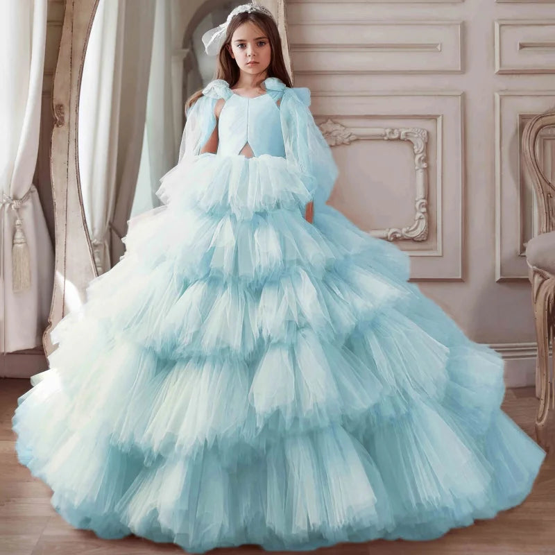 Kids Girls Tiered Tulle Bow Shoulder Design Dresses For Birthday/Prom childrensterritory