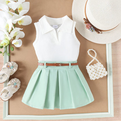 Baby Girls Multi-Color Pit Strip Lapel Vest Top with Pleated Skirt childrensterritory