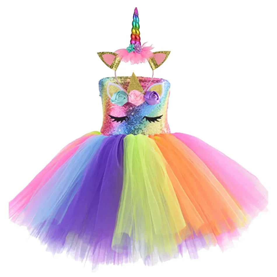 Kids Girls Unicorn Design LED Lights Sequin Tutu Dress for Halloween