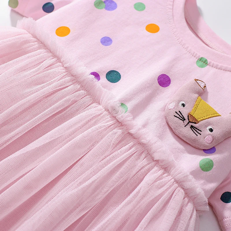 Kids Girls Cartoon Cat Embroidered Pink Summer Dress childrensterritory