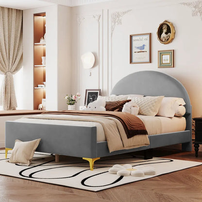 Platform Bed with Velvet Upholstery and Semi-Circular Headboard childrensterritory