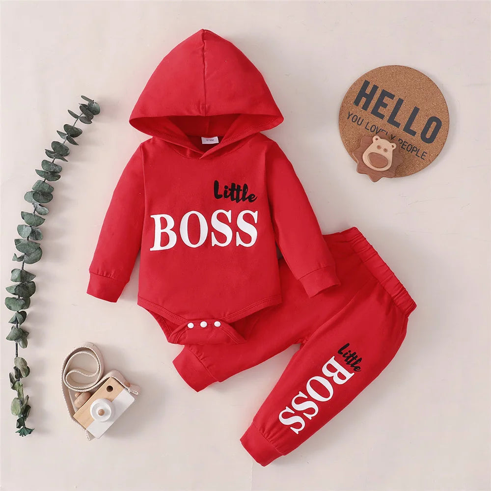 "Little Boss" Print Baby Boy Hooded Clothing Set