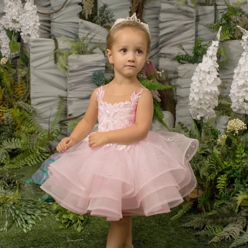 Glitter Decoration Sheer Neck Design Ivory Puffy Little Girls Dresses