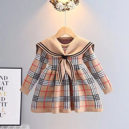 Kids Girl Plaid Knitted Sweater Dress with Bow Military Style