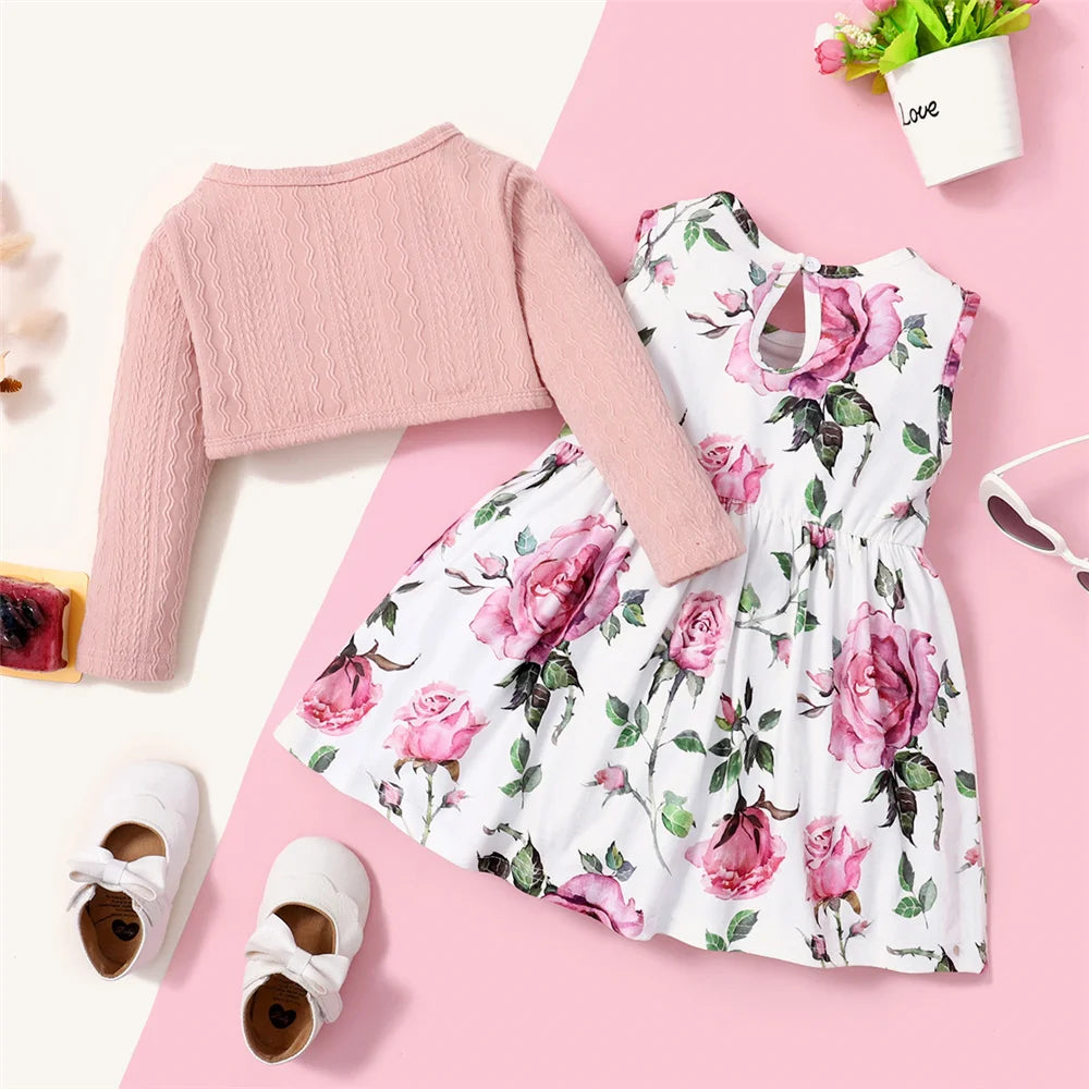 Baby Girl Party Wear Floral Dress with Ribbed Overcoat 2PCS Set childrensterritory