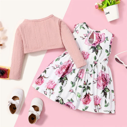 Baby Girl Party Wear Floral Dress with Ribbed Overcoat 2PCS Set childrensterritory