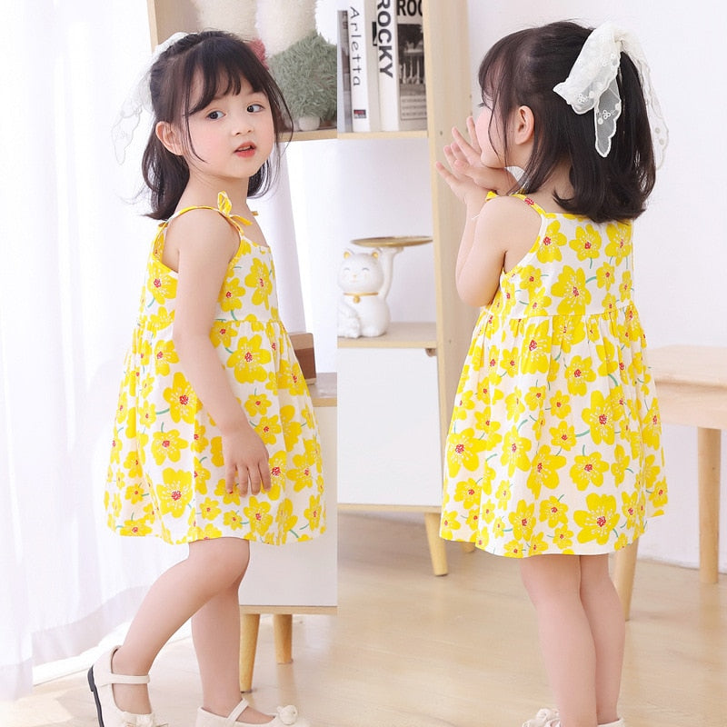 Floral Print Kids Girls Sleeveless Cotton Dresses childrensterritory