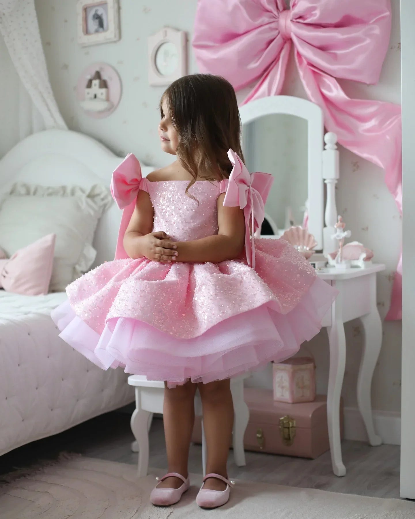 Sequins Beading with Bow Design Flower Girl Dresses for Party childrensterritory