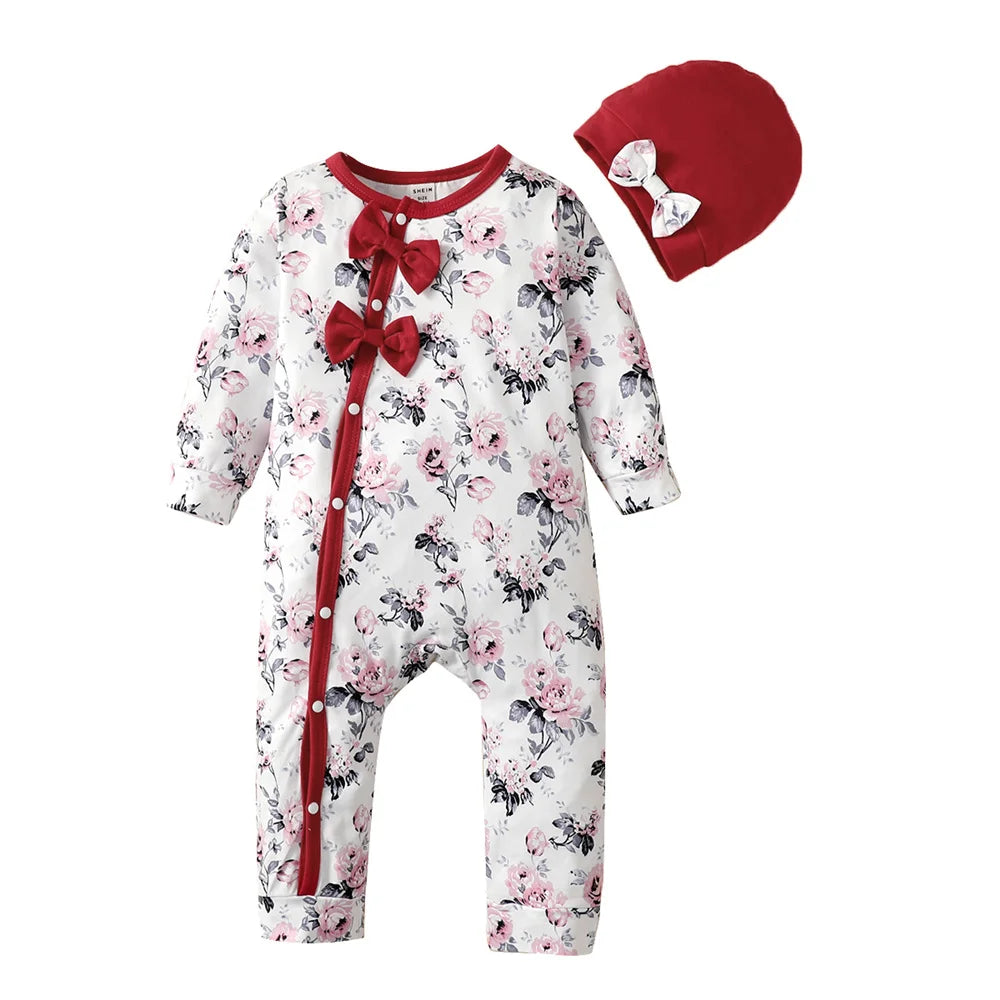 Baby Girl Long Sleeve Flower Bodysuit with Hat