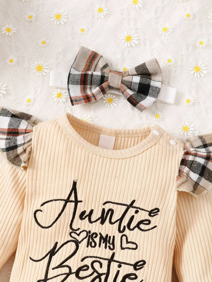 Baby Girl Ruffle Trim Bodysuit &amp; Plaid Pants &amp; Headband Set