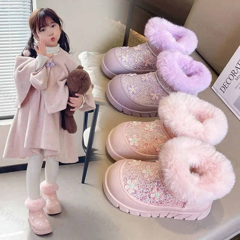 Princess Girls Glittering Fashion Warm Fur Boots childrensterritory