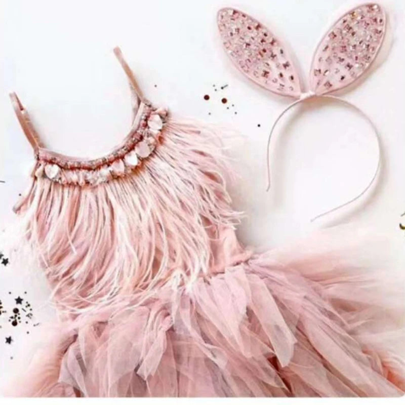 Kids Girls Elegant Feather Tassels Wedding Party Dresses childrensterritory