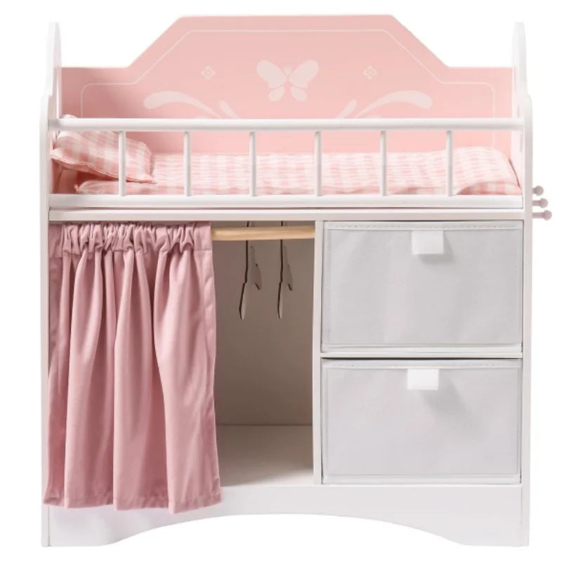 Kids Girls Wooden Pink Doll Bed with Storage and Hooks childrensterritory