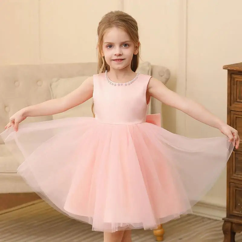Kids Girls Solid Color Pearl Bow Design Fluffy Princess Dresses childrensterritory