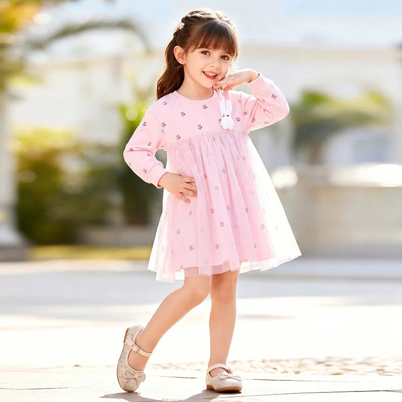 Long Sleeves Flower Design Girls Mesh Dress