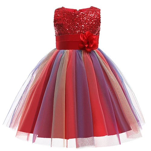 Girls Sleeveless Sequins Flower Rainbow Design Summer Dresses childrensterritory