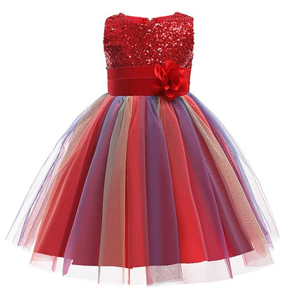 Girls Sleeveless Sequins Flower Rainbow Design Summer Dresses childrensterritory