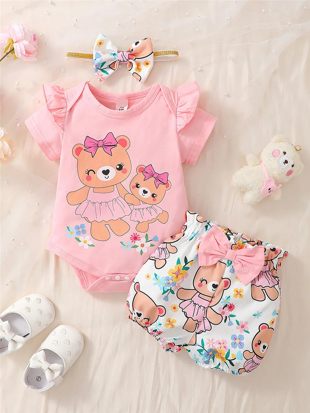 Baby Girl Cartoon Bear Print 3PCS Summer Clothes Set childrensterritory