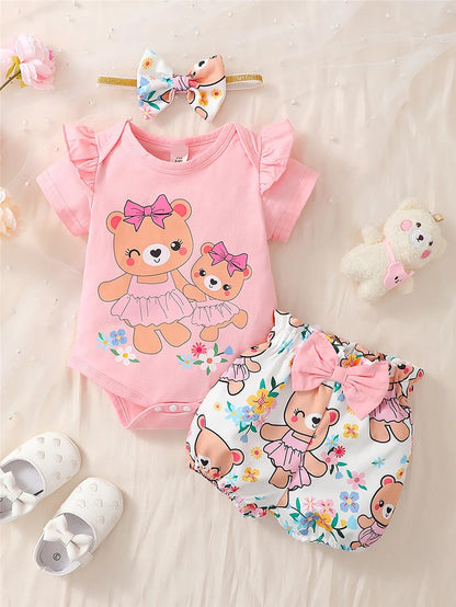 Baby Girl Cartoon Bear Print 3PCS Summer Clothes Set childrensterritory