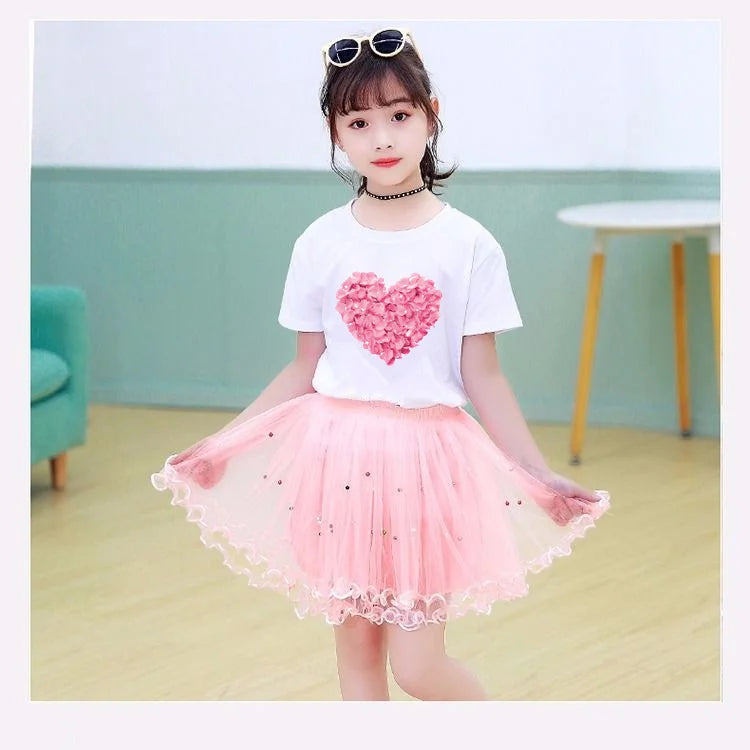Kids Girls Flamingo T-Shirt &amp; Mesh Skirt Pretty Outfits childrensterritory