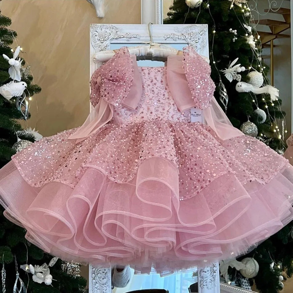 Pink Glitter Tiered Tutu Princess Birthday Party Prom Gown