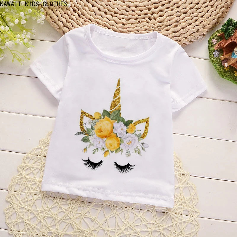 Unicorn Floral Cartoon Printed Girls Summer Tees childrensterritory
