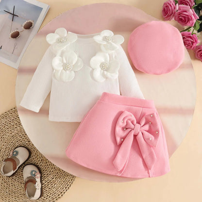 Baby Girls 3Pcs Cute Top+Bow Skirt+Beret Fashion Outfit