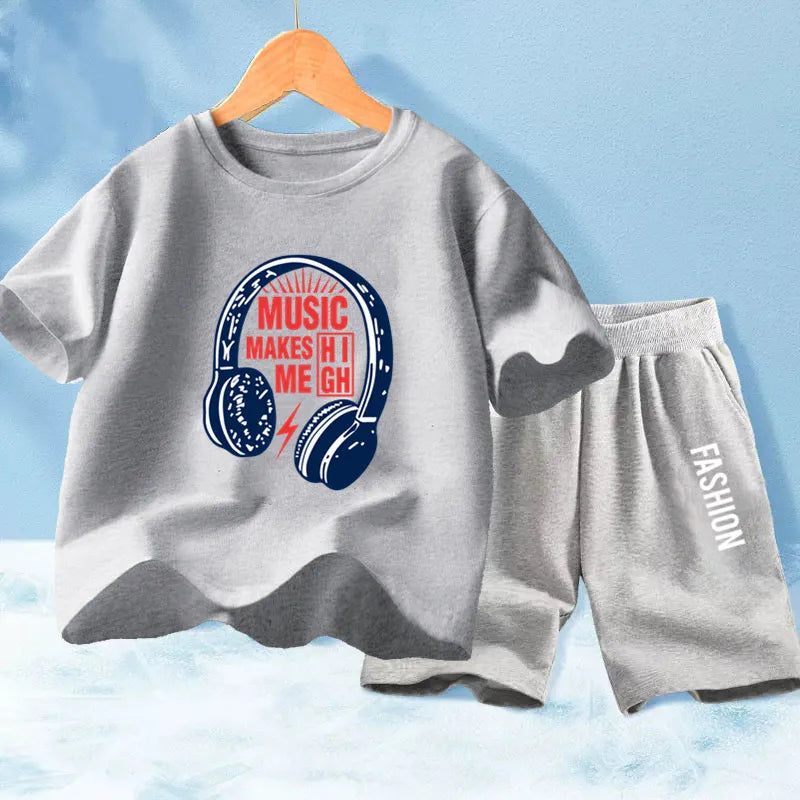 Kids Boys Music Headset Print T-shirt and Shorts Set childrensterritory