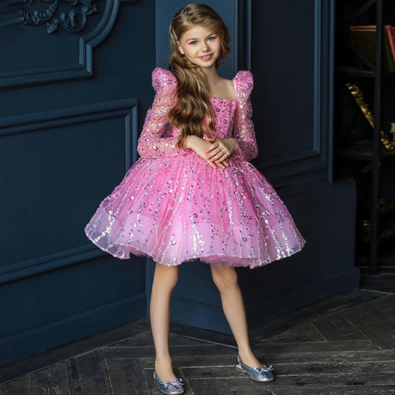 Kids Girls Layered Tulle Glitter Flower Dress with Big Bow childrensterritory