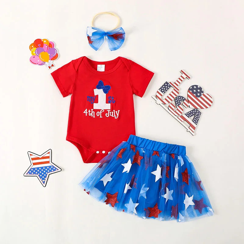Letter Print Independence Day Infant Girl Outfit Set