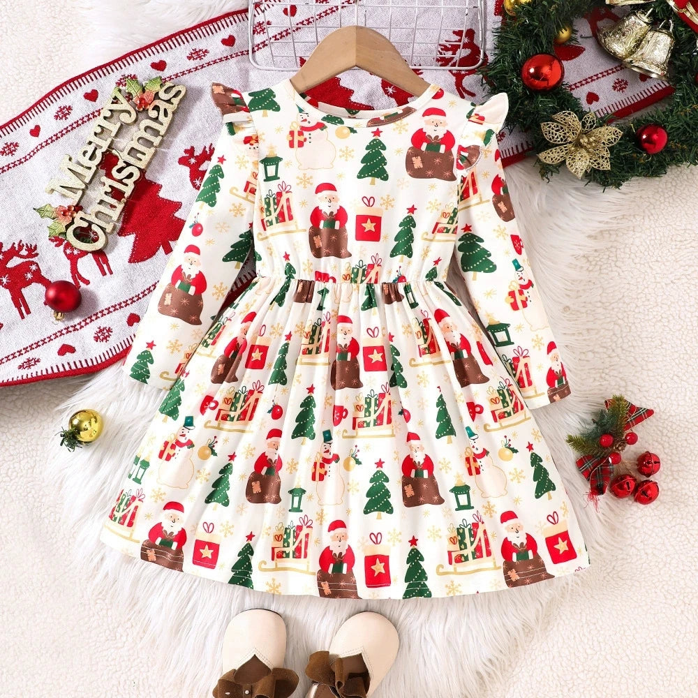 Girls’ Long-Sleeve Christmas Party Dress with Festive Design childrensterritory