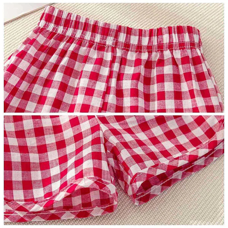 2Pcs Baby Girls Short Sleeved Tees and Plaid Shorts Outfit Set childrensterritory