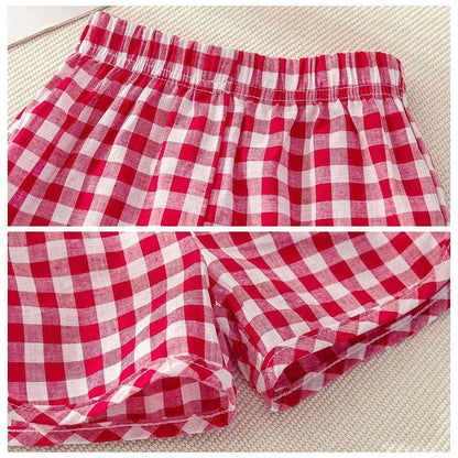 2Pcs Baby Girls Short Sleeved Tees and Plaid Shorts Outfit Set childrensterritory