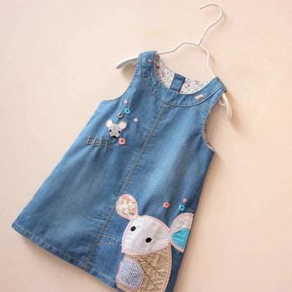 Little Girls Cartoon Mouse Embroidery Denim Dress childrensterritory