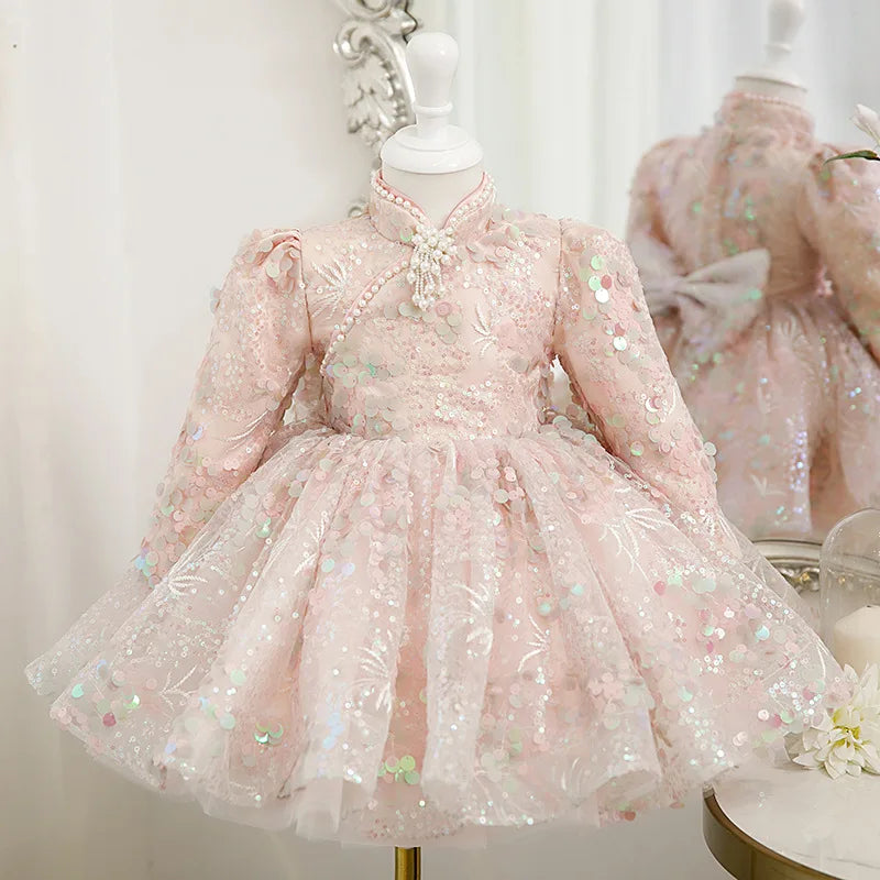 Luxury Elegant Deisgn Sequin Pink Little Girls Christening Gowns childrensterritory