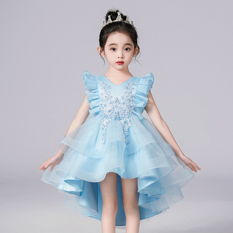 Lace Flower Embroidery Fluffy Mesh Trailing Girls Party Dresses childrensterritory