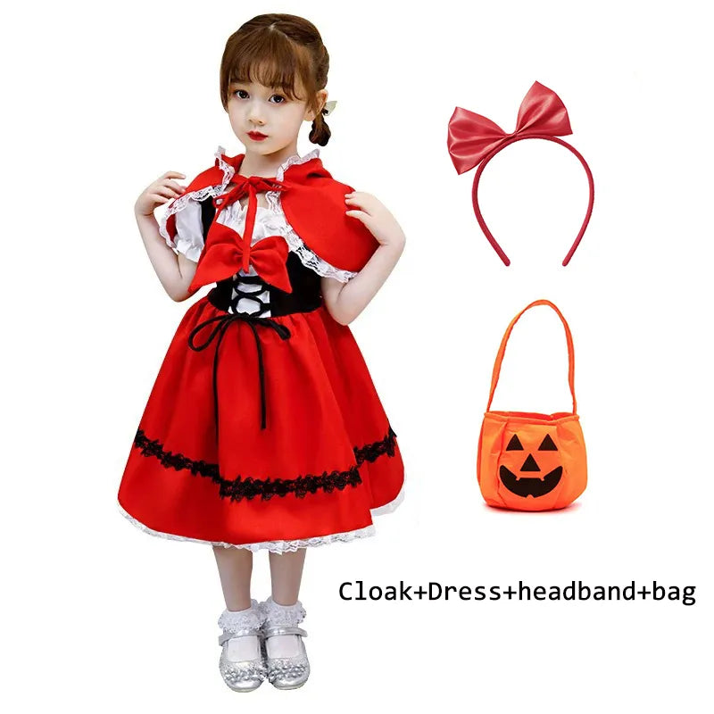 Kids Girls Fancy Cosplay Dresses for Halloween with Pumpkin Bag childrensterritory