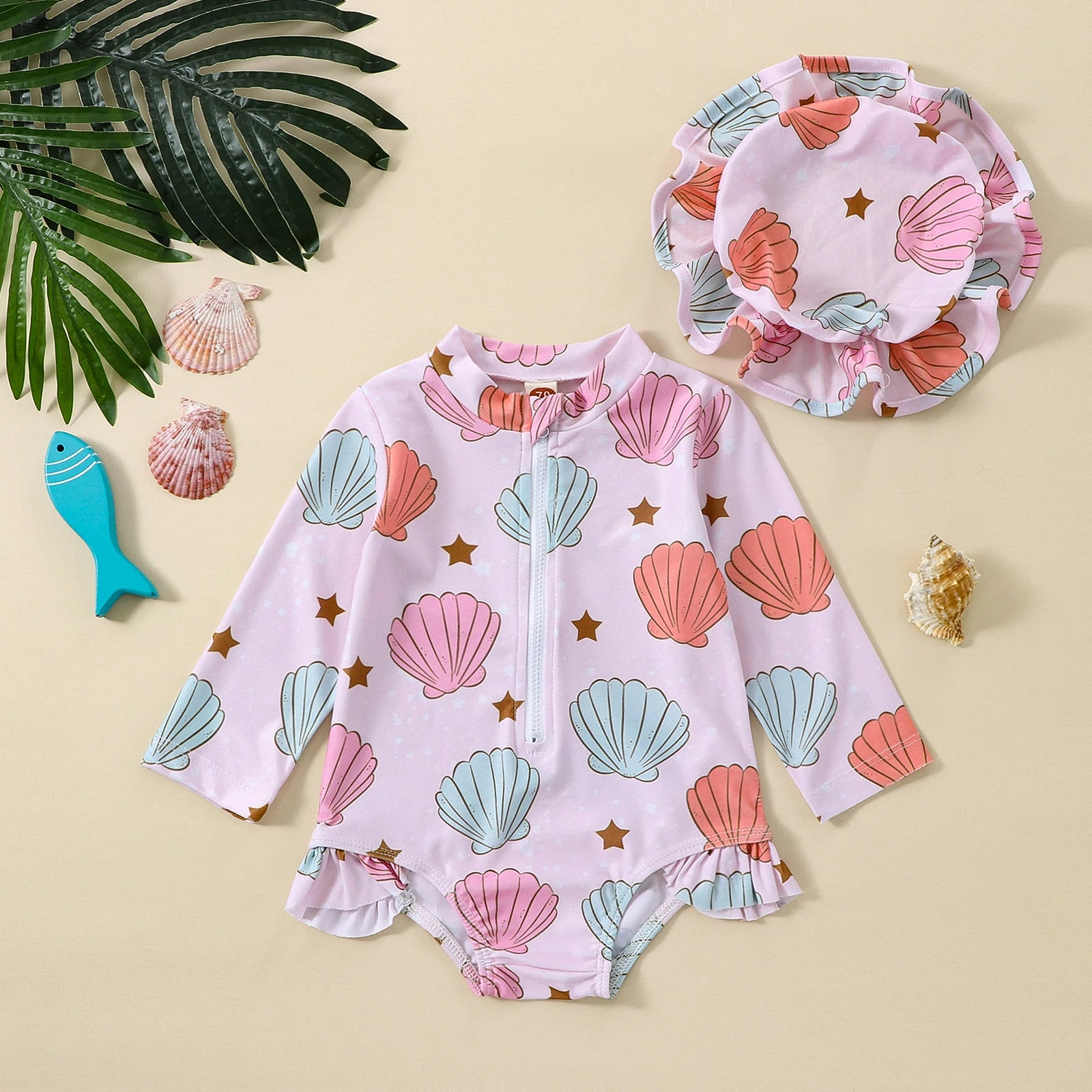 Tie-Up Hollow-Out Kids Girls Floral Print Swimwear with Hat