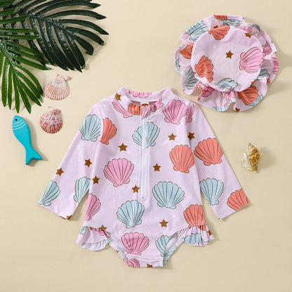 Tie-Up Hollow-Out Kids Girls Floral Print Swimwear with Hat