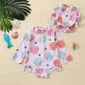Tie-Up Hollow-Out Kids Girls Floral Print Swimwear with Hat