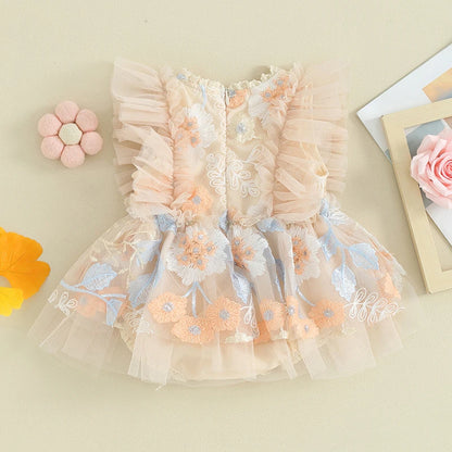 Baby Girl Tulle Floral Embroidery Romper Dress and Headband Set