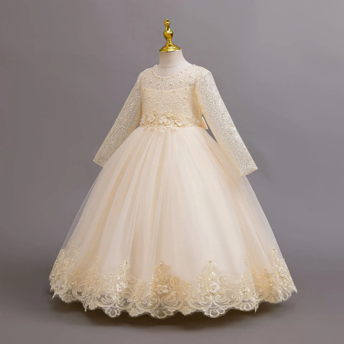 Long Sleeve Flower Design Elegant Dress For Girls childrensterritory